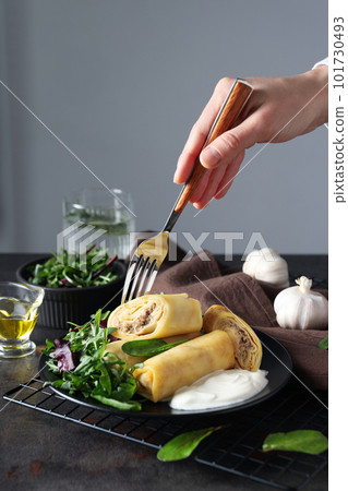 Concept of tasty food, thin pancakes with filling Concept of tasty food, thin pancakes with filling 101730493