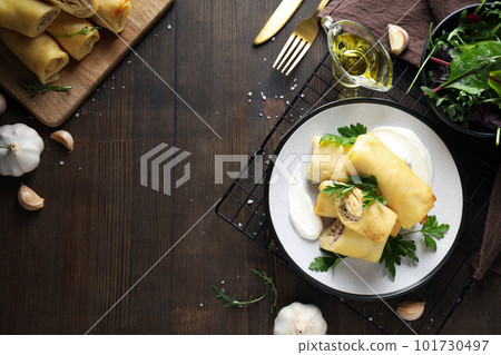 Concept of tasty food, thin pancakes with filling, space for text Concept of tasty food, thin pancakes with filling, space for text 101730497