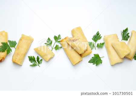 Concept of tasty food, thin pancakes with filling, top view 101730501