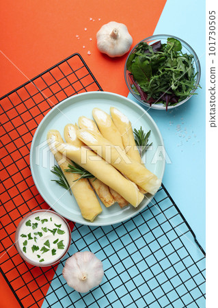 Concept of tasty food, thin pancakes with filling, top view 101730505