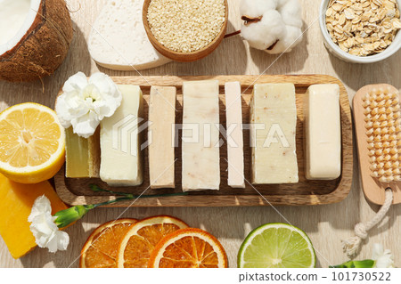 Concept of bath and skin care accessories - soap Concept of bath and skin care accessories - soap 101730522