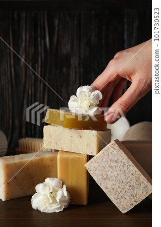 Concept of bath and skin care accessories - soap 101730523
