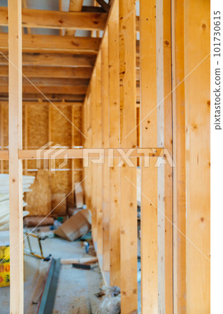 The internal structure of the block wooden house consists of wooden bars The internal structure of the block wooden house consists of wooden bars 101730615