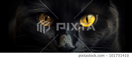 A mysterious black cat with striking yellow eyes looks directly at the camera, creating an eerie and supernatural feeling. Is AI Generative. A mysterious black cat with striking yellow eyes looks directly at the camera, creating an eerie and supernatural feeling. Is AI Generative. 101731410