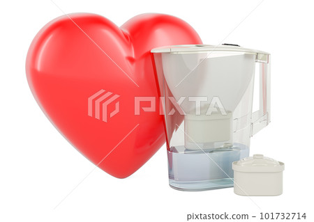 Pitcher water filter with red heart, 3D rendering 101732714
