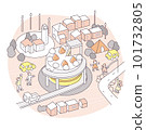 An anniversary celebrated with cake and a bustling town 101732805