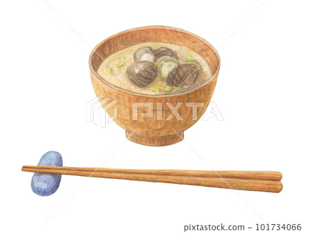 蛤蜊味噌湯配筷子 - 水彩和色鉛筆插圖 蛤蜊味噌湯配筷子 - 水彩和色鉛筆插圖 101734066