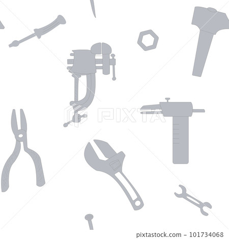 Seamless pattern with a set of builder's and carpenter's tools. Hammer, pliers, adjustable and wrench, vise, caliper, screwdriver, nut 101734068