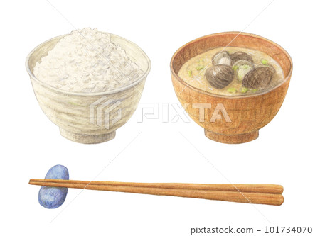 米飯和味噌湯配筷子水彩鉛筆模擬圖 101734070