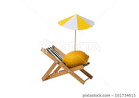 Deck chair with lemon with beach umbrella isolated on white background Deck chair with lemon with beach umbrella isolated on white background 101734615