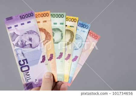 Costa Rican money - Colones in the hand on a gray background Costa Rican money - Colones in the hand on a gray background 101734656