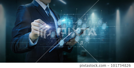 Businessman working with virtual interface . Businessman working with virtual interface . 101734826