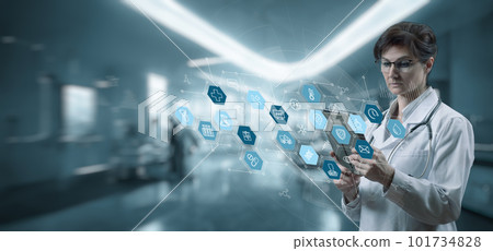 Doctor working on tablet virtual computer screen . Doctor working on tablet virtual computer screen . 101734828