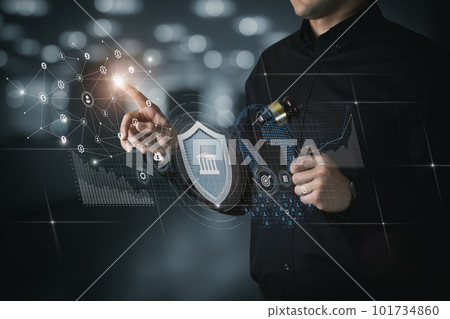 Lawyer working on modern virtual screen with interface . 101734860