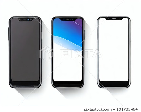 Mockup of empty white smartphones with no text on a white background. Generative AI. 101735464
