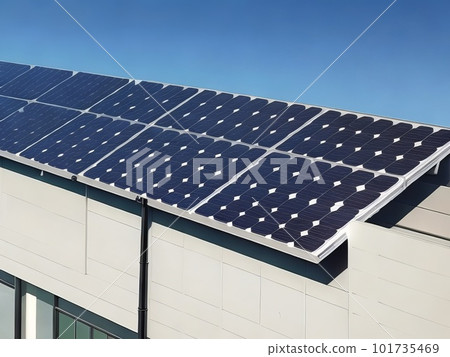 A solar panel fixed to a building's roof. Generative AI. A solar panel fixed to a building's roof. Generative AI. 101735469
