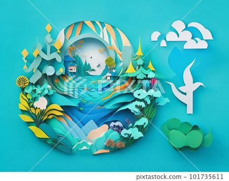Earth Day, World Water Day, World Environment Day, environmental protection, and saving the earth's water are all related to paper art. Generative AI. 101735611