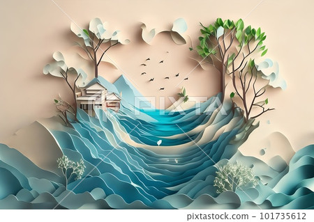 Earth Day, World Water Day, World Environment Day, environmental protection, and saving the earth's water are all related to paper art. Generative AI. 101735612