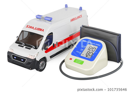 Automatic Digital Blood Pressure Monitor with ambulance van. 3D rendering Automatic Digital Blood Pressure Monitor with ambulance van. 3D rendering 101735646