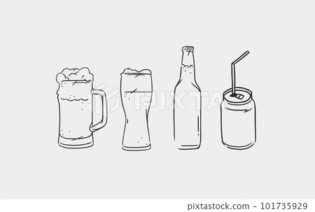 Hand drawn vector abstract graphic line illustration with glass beer mugs and bottle set collection .Vector outline beer illustration sketch drawing. Vector beer glass isolated element design concept. 101735929