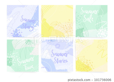 Set of square banners design templates. Abstract summer backgrounds with copy space for text. Vector tropical floral silhouette. 101736006