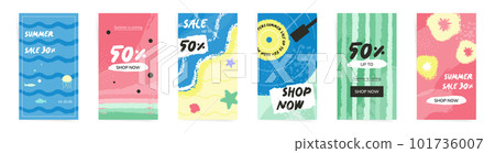 Summer sale stories banners background template set. Beach and sea design for stories and posters. Summer design with summer elements and silhouettes. Abstract vector summer sale stories.  101736007