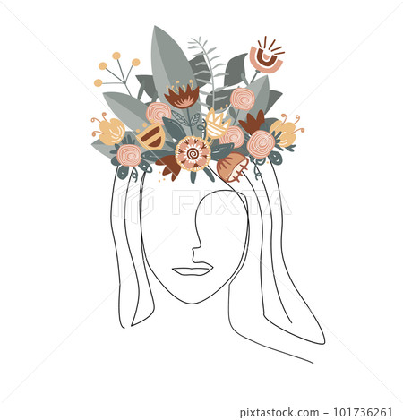 Woman head silhouette with floral wreath. Forest dryad or nature queen concept. Trendy female face isolated illustration in one line art style. Continuous art modern vector illustration. 101736261
