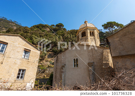 Facade of the Ancient Medieval San Fruttuoso Abbey - Liguria Italy. Facade of the Ancient Medieval San Fruttuoso Abbey - Liguria Italy. 101736328