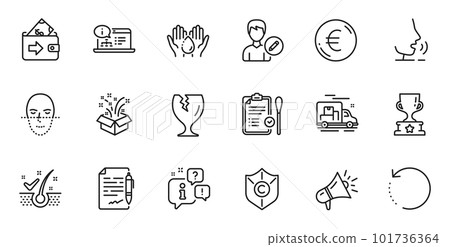 Outline set of Nasal test, Edit person and Online documentation line icons for web application. Talk, information, delivery truck outline icon. Vector Outline set of Nasal test, Edit person and Online documentation line icons for web application. Talk, information, delivery truck outline icon. Vector 101736364