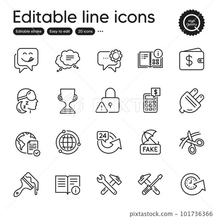 Set of Business outline icons. Contains icons as Technical info, Dollar wallet and Electric plug elements. Employees messenger, Insomnia, Globe web signs. Spanner tool, Text message. Vector Set of Business outline icons. Contains icons as Technical info, Dollar wallet and Electric plug elements. Employees messenger, Insomnia, Globe web signs. Spanner tool, Text message. Vector 101736366