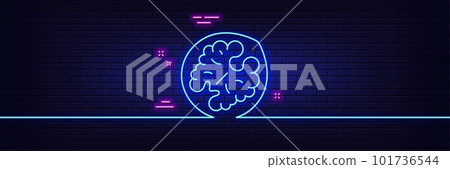 Neon light glow effect. Walnut line icon. Tasty nut sign. Vegan food symbol. 3d line neon glow icon. Brick wall banner. Walnut outline. Vector 101736544