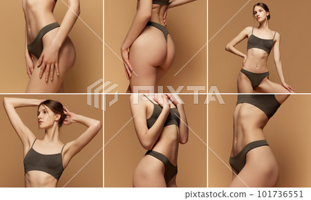 Collage. Images of beautiful, slim, fit female body over studio background. Young model posing in underwear 101736551