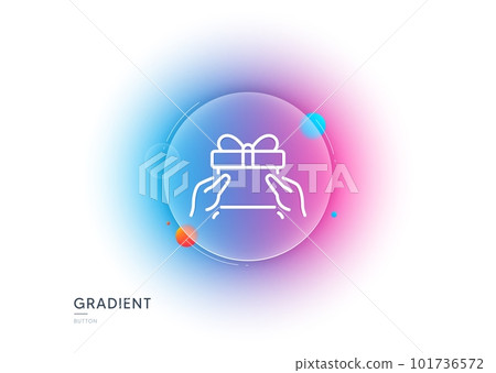 Give a Gift box line icon. Gradient blur button with glassmorphism. Present or Sale sign. Birthday Shopping symbol. Package in Gift Wrap. Transparent glass design. Give present line icon. Vector 101736572