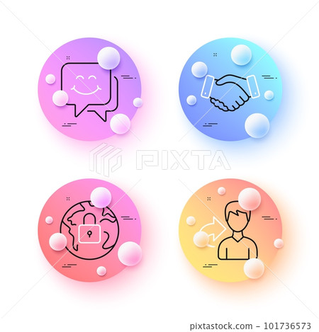 Smile face, Share and Employees handshake minimal line icons. 3d spheres or balls buttons. Lock icons. For web, application, printing. Chat, Male user, Deal hand. Web protection. Vector Smile face, Share and Employees handshake minimal line icons. 3d spheres or balls buttons. Lock icons. For web, application, printing. Chat, Male user, Deal hand. Web protection. Vector 101736573