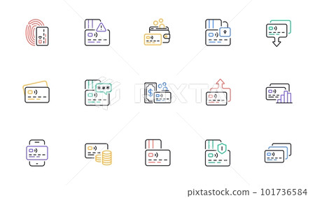 Credit card line icons. Non-cash Payment, Withdraw Funds and Wallet cash icons. Money Transfer, Approved credit card and Payment method. Password protection, Withdrawal funds from wallet. Vector Credit card line icons. Non-cash Payment, Withdraw Funds and Wallet cash icons. Money Transfer, Approved credit card and Payment method. Password protection, Withdrawal funds from wallet. Vector 101736584