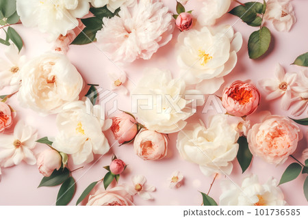 Peonies, roses on pink background with copy space. Abstract natural floral frame layout with text space. Romantic feminine composition. Wedding invitation. International Women day, Mother Day concept Peonies, roses on pink background with copy space. Abstract natural floral frame layout with text space. Romantic feminine composition. Wedding invitation. International Women day, Mother Day concept 101736585