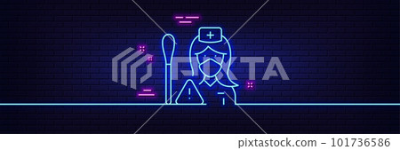 Neon light glow effect. Nurse with Cotton swab line icon. Doctor assistant sign. Face protection symbol. 3d line neon glow icon. Brick wall banner. Nurse outline. Vector Neon light glow effect. Nurse with Cotton swab line icon. Doctor assistant sign. Face protection symbol. 3d line neon glow icon. Brick wall banner. Nurse outline. Vector 101736586