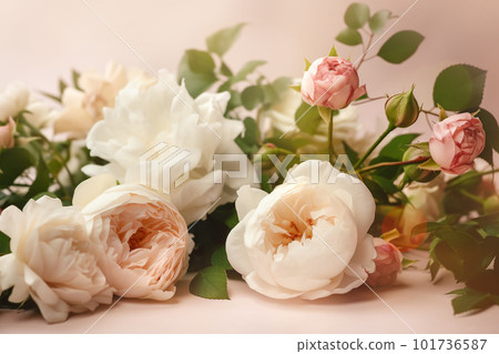 Peonies, roses on pink background with copy space. Abstract natural floral frame layout with text space. Romantic feminine composition. Wedding invitation. International Women day, Mother Day concept 101736587