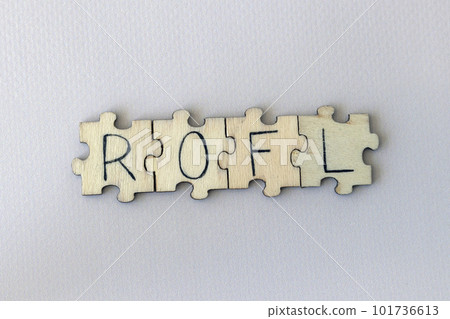 The acronym ROFL, which stands for Rolling On the Floor Laughing. The letters written on the puzzles. 101736613