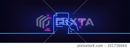 Neon light glow effect. Document line icon. Hold doc file page sign. Office note symbol. 3d line neon glow icon. Brick wall banner. Hold document outline. Vector Neon light glow effect. Document line icon. Hold doc file page sign. Office note symbol. 3d line neon glow icon. Brick wall banner. Hold document outline. Vector 101736668