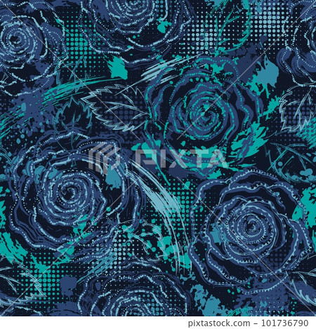 Grunge blue camouflage pattern with roses, splattered paint, paint brush strokes, leaves, halftone shapes. Dense chaotic composition For apparel, fabric, textile, sport goods Grunge texture Grunge blue camouflage pattern with roses, splattered paint, paint brush strokes, leaves, halftone shapes. Dense chaotic composition For apparel, fabric, textile, sport goods Grunge texture 101736790