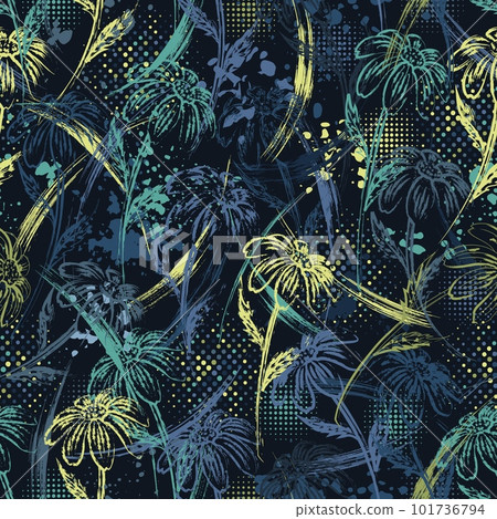 Seamless blue camouflage pattern with chamomile flower,grunge paint brush strokes, paint splatter, smudge, halftone shapes. Good for apparel, fabric, textile, sport goods. Grunge texture Seamless blue camouflage pattern with chamomile flower,grunge paint brush strokes, paint splatter, smudge, halftone shapes. Good for apparel, fabric, textile, sport goods. Grunge texture 101736794