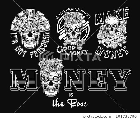 Set of monochrome money vintage labels with skull, text. Fantasy, creative, meaningful, fancy concept of illustrations. Black background. For prints, clothing, apparel, tattoo, t shirt, surface design 101736796