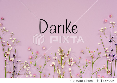Purple Spring Flower Arrangement, German Text Danke Means Thank You Purple Spring Flower Arrangement, German Text Danke Means Thank You 101736996