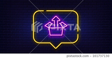 Neon light speech bubble. Send box line icon. Open delivery parcel sign. Cargo package symbol. Neon light background. Send box glow line. Brick wall banner. Vector Neon light speech bubble. Send box line icon. Open delivery parcel sign. Cargo package symbol. Neon light background. Send box glow line. Brick wall banner. Vector 101737130