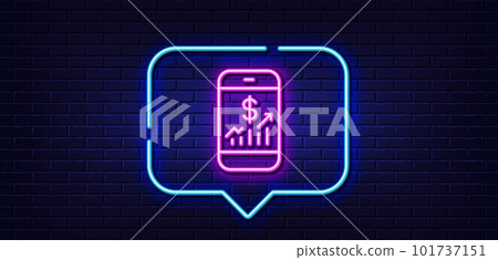 Neon light speech bubble. Mobile finance line icon. Business audit sign. Check investment symbol. Neon light background. Mobile finance glow line. Brick wall banner. Vector 101737151