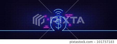 Neon light glow effect. Contactless payment line icon. Dollar exchange sign. Finance symbol. 3d line neon glow icon. Brick wall banner. Contactless payment outline. Vector 101737183