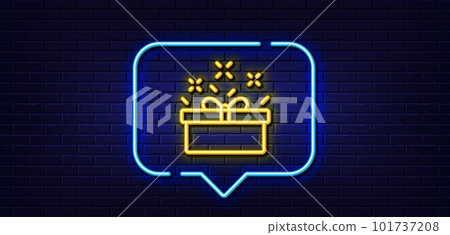 Neon light speech bubble. Gift box line icon. Present or Sale sign. Birthday Shopping symbol. Package in Gift Wrap. Neon light background. Present box glow line. Brick wall banner. Vector Neon light speech bubble. Gift box line icon. Present or Sale sign. Birthday Shopping symbol. Package in Gift Wrap. Neon light background. Present box glow line. Brick wall banner. Vector 101737208