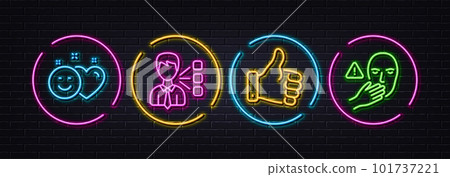 Like hand, Smile and Third party minimal line icons. Neon laser 3d lights. Dont touch icons. For web, application, printing. Thumbs up, Social media like, Team leader. Clean hand. Vector 101737221