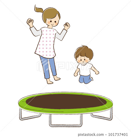 Mother and son playing on one trampoline Mother and son playing on one trampoline 101737401